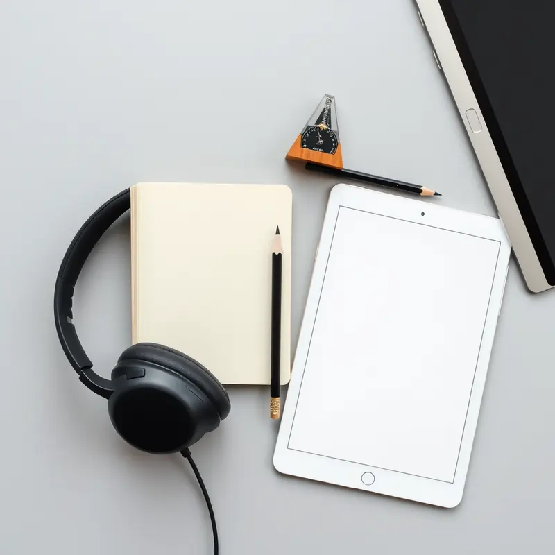 Illustrative learning desk with notebook, headphones and blank tablet
